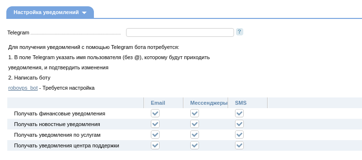 Телеграм в RoboVPS